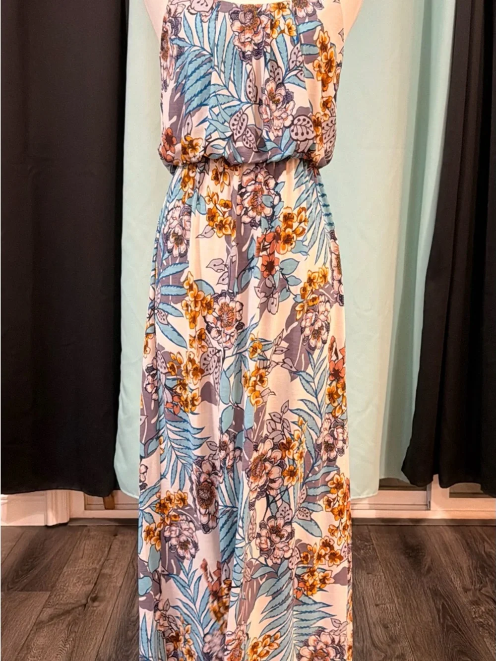 NAÏF Tropical Floral Maxi Dress Blue Tan White Small Summer Boho Vacation - Picture 2 of 15